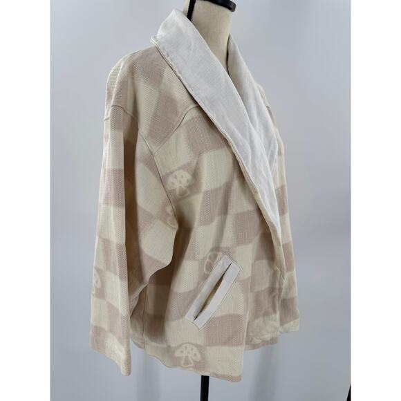Urban Outfitters Kimono Jacket Cream Checked Wrap Coat Mushroom Peace XS S M - Picture 4 of 10